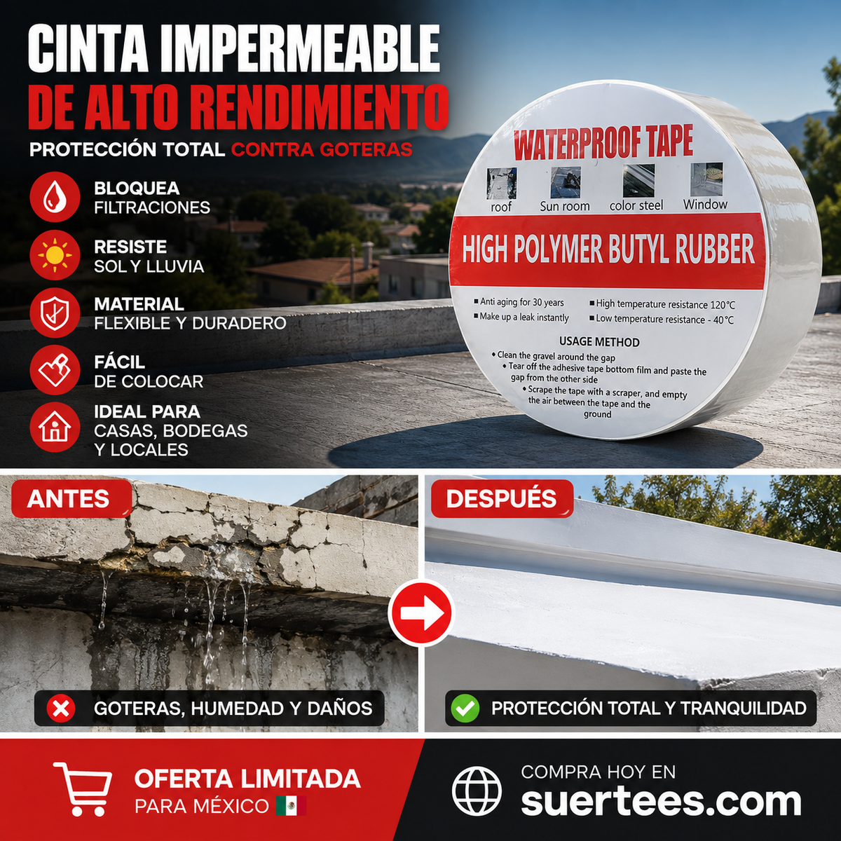 🛡️💧 Cinta Impermeable de Aluminio Reforzado – Sella Grietas, Techos y Tuberías, Resistente a la Intemperie y Temperaturas Extremas ☀️❄️