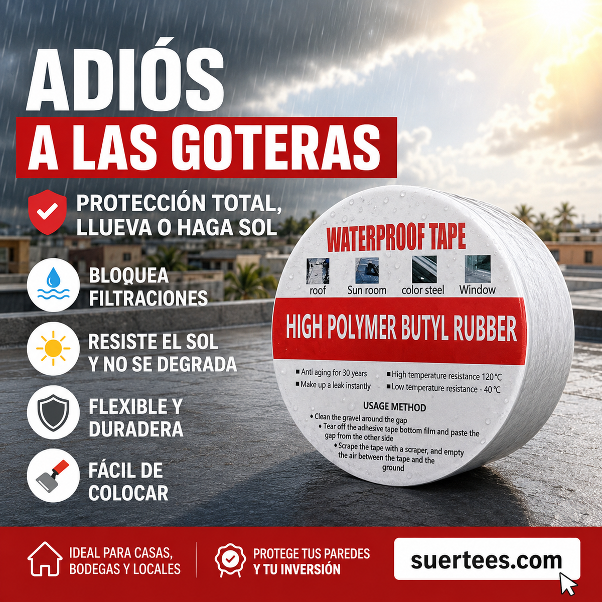 🛡️💧 Cinta Impermeable de Aluminio Reforzado – Sella Grietas, Techos y Tuberías, Resistente a la Intemperie y Temperaturas Extremas ☀️❄️