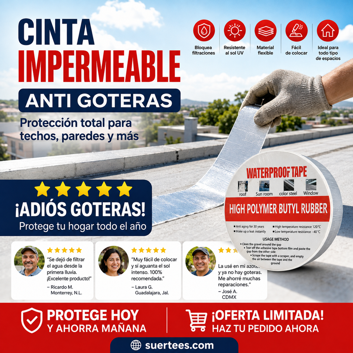 🛡️💧 Cinta Impermeable de Aluminio Reforzado – Sella Grietas, Techos y Tuberías, Resistente a la Intemperie y Temperaturas Extremas ☀️❄️