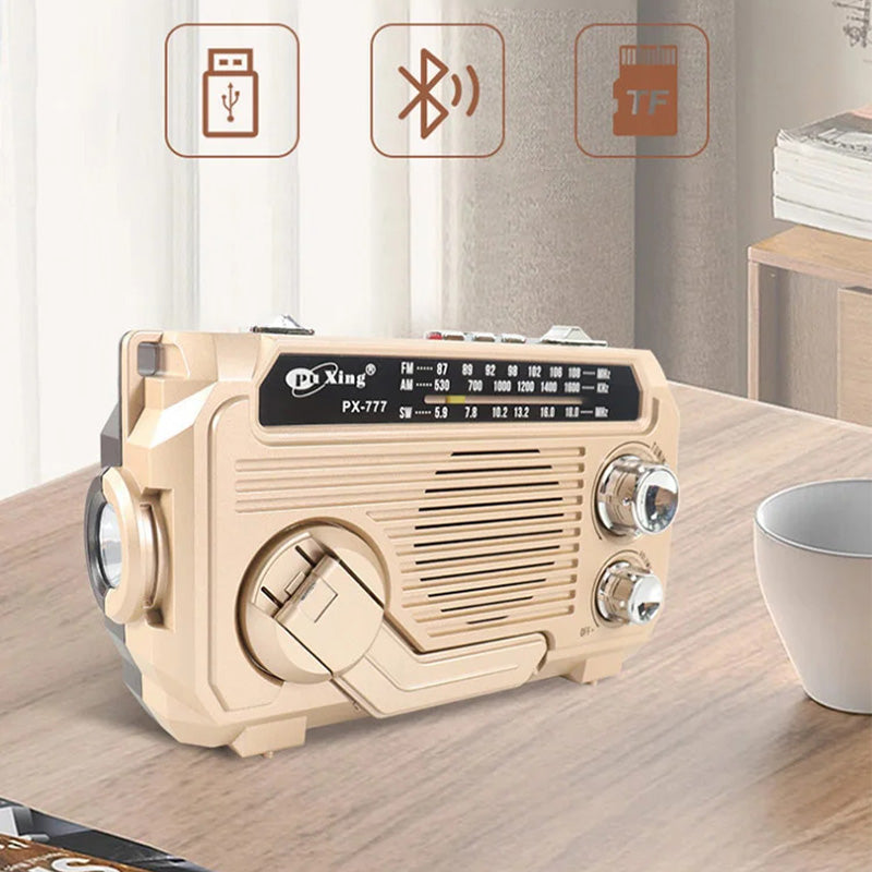 Radio portátil multifunción con manivela y linterna