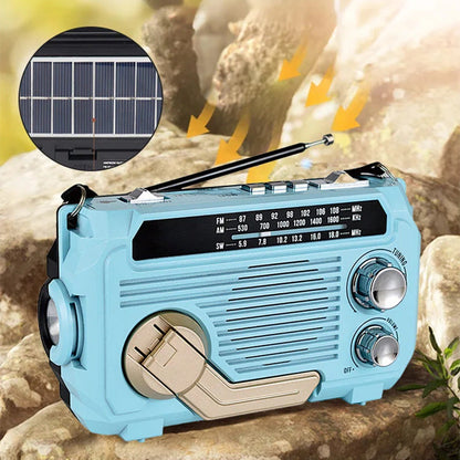 Radio portátil multifunción con manivela y linterna