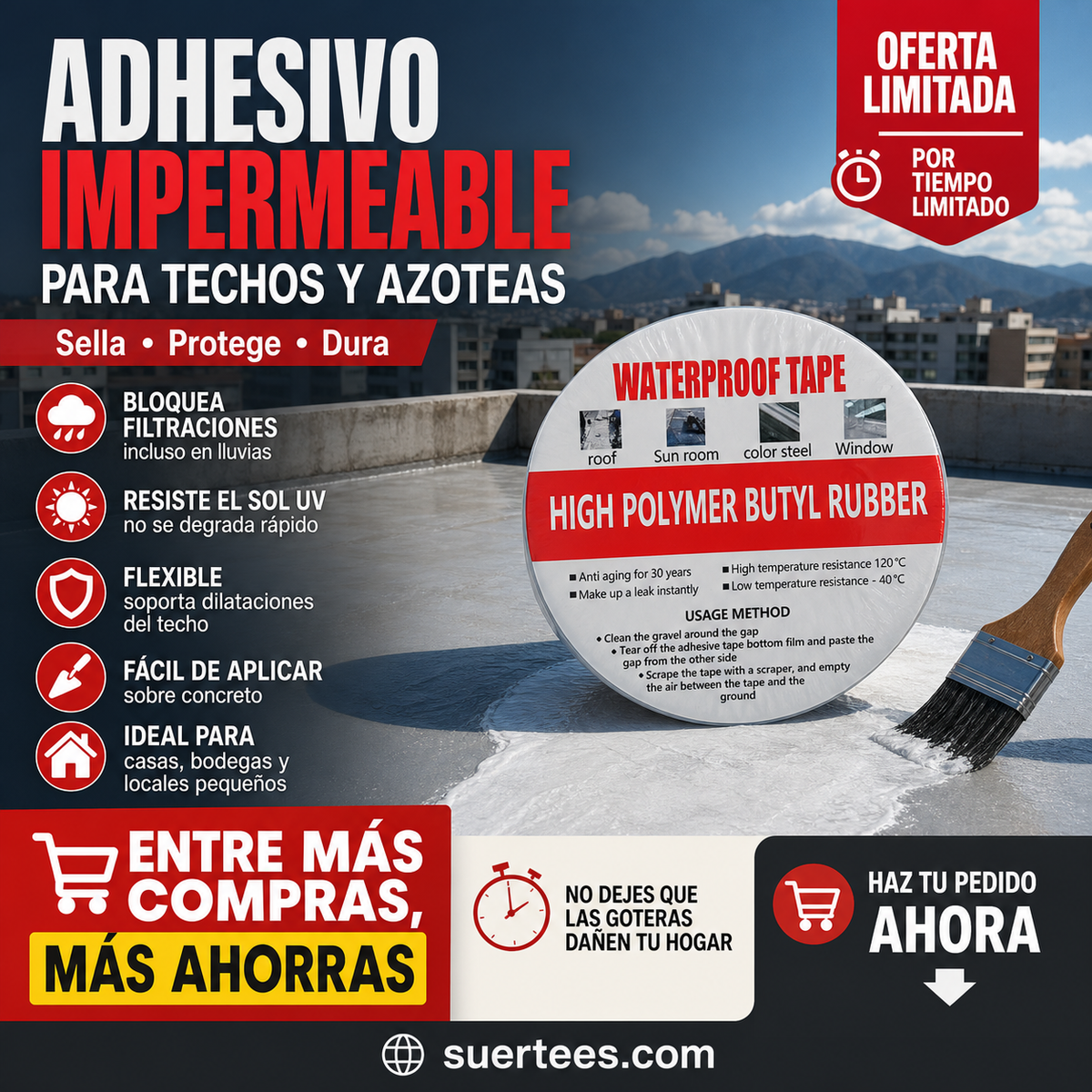 🛡️💧 Cinta Impermeable de Aluminio Reforzado – Sella Grietas, Techos y Tuberías, Resistente a la Intemperie y Temperaturas Extremas ☀️❄️